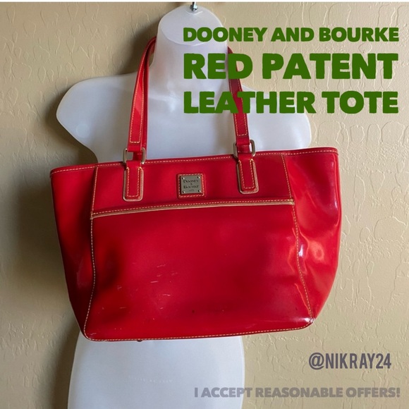 DOONEY & BOURKE RED & GOLD patent leather shoulder tote bag full zip top - Picture 1 of 16